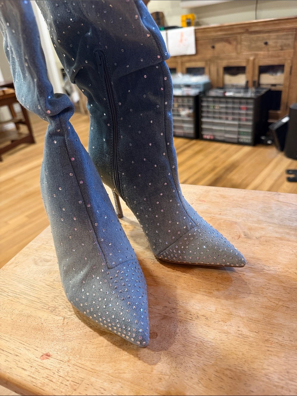 Thalia Sodi Embellished Pointed Toe Stiletto Boot in Light Blue size 5 (97)